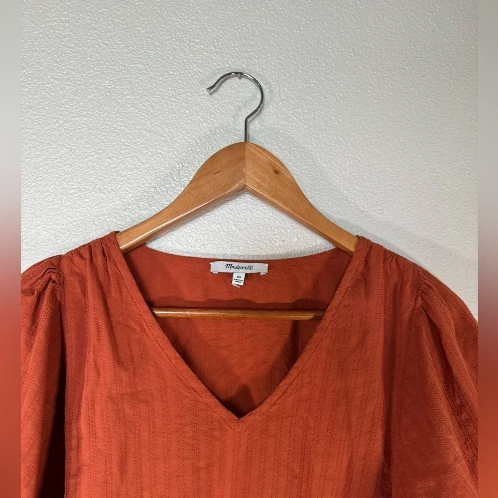 Madewell V-Neck Puff-Sleeve Top, XS, Textured Stripe/Rusty Torch B13